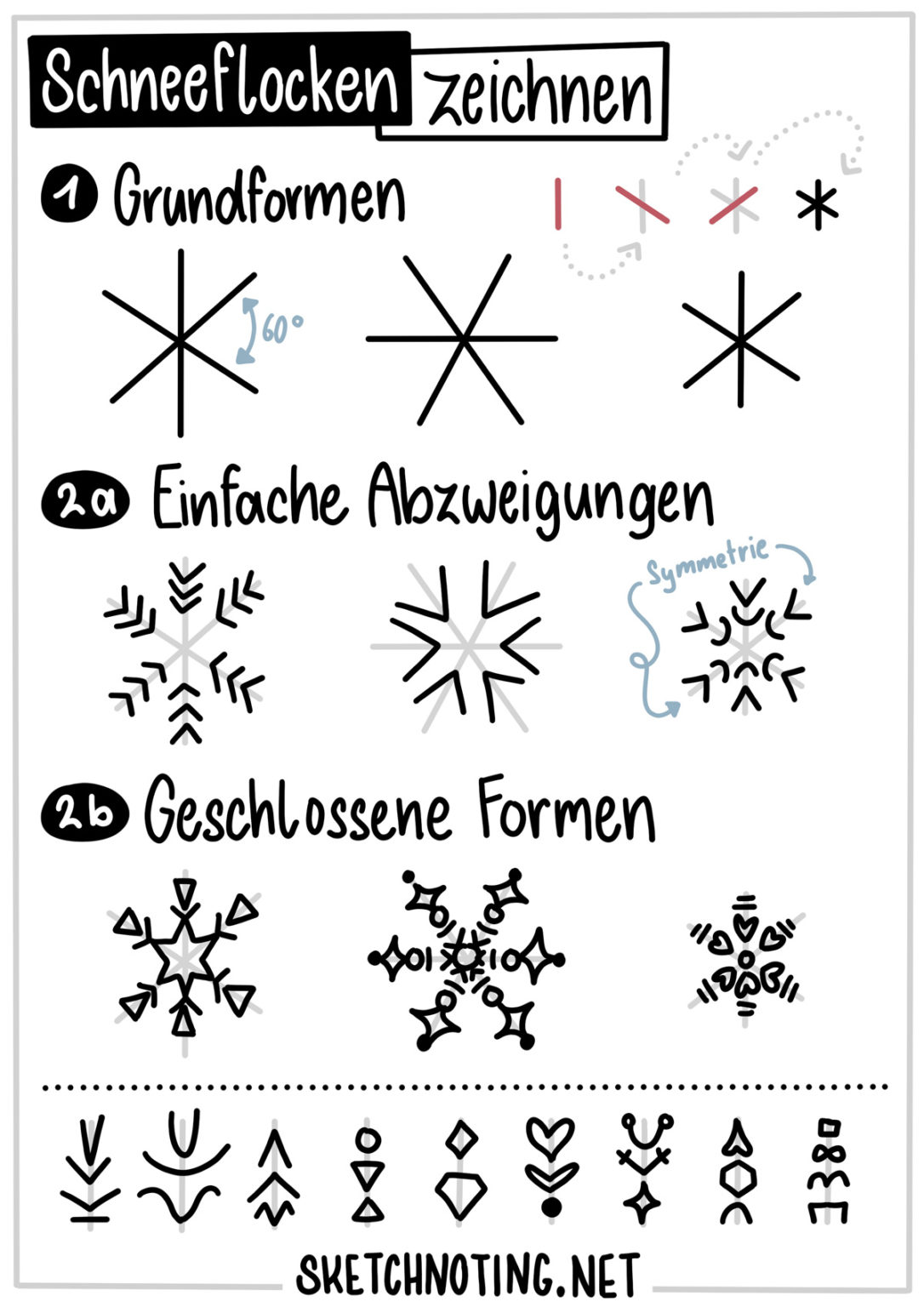 Schneeflocken zeichnen (Strich für Strich Anleitung)